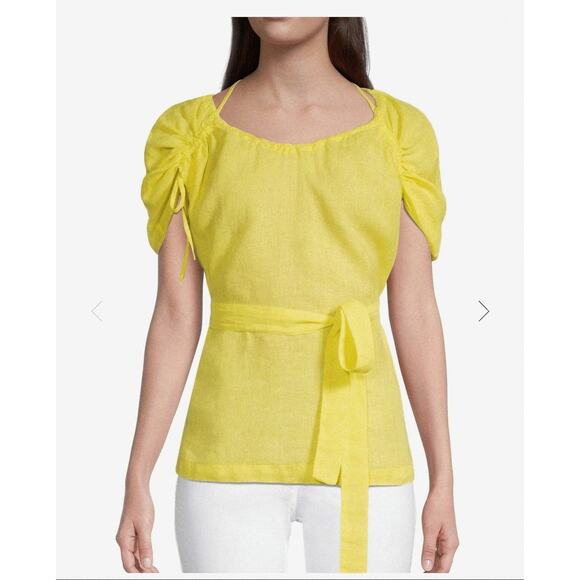 120% LINO Lemonade Yellow Linen Tie Waist Lightweight Blouse size xs 40 - Picture 1 of 7
